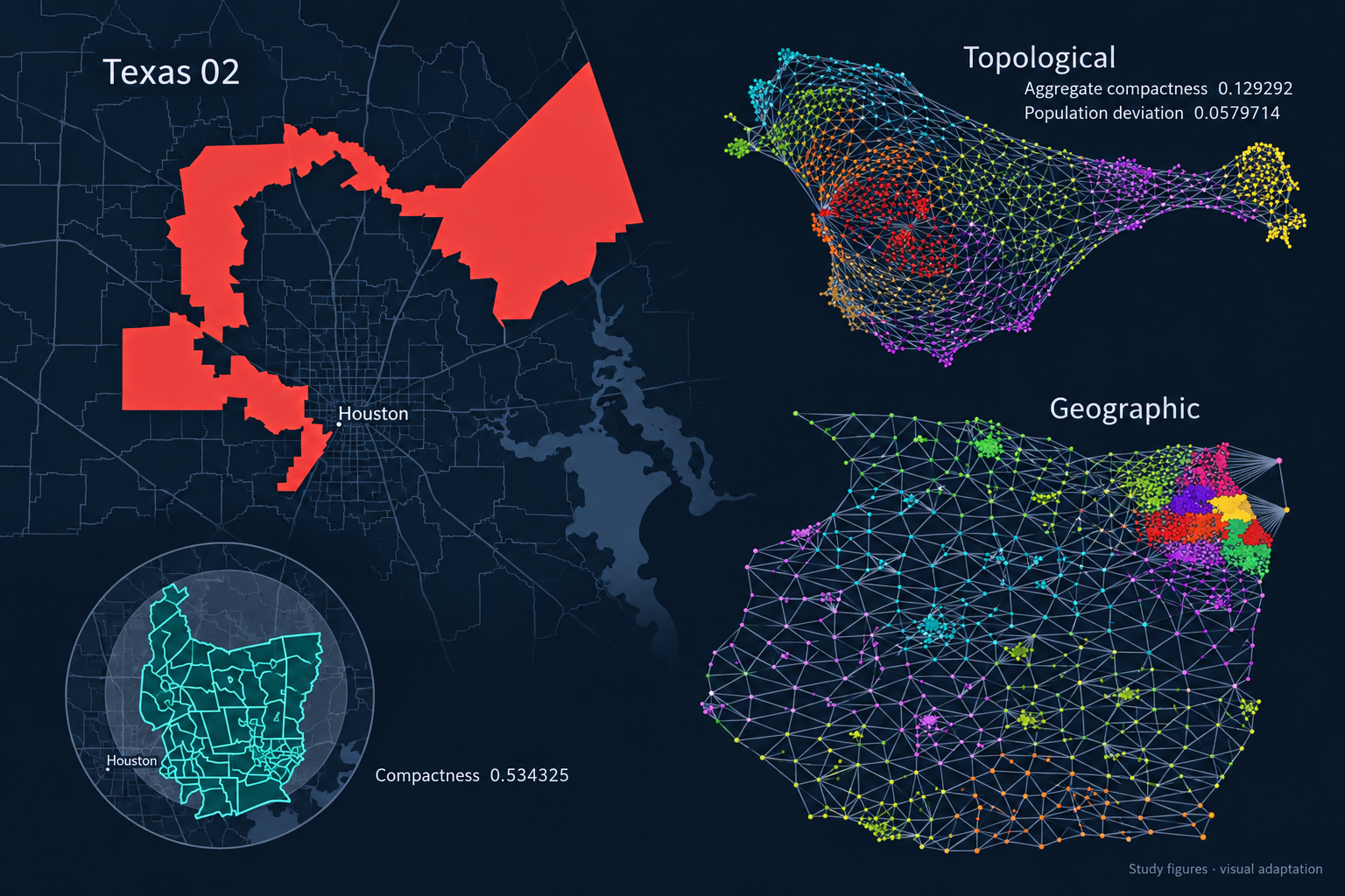 Visual adaptation of the study figures: historical Texas District 02 around Houston, a synthetic district with compactness 0.534325, and colored topological and geographic tract graphs. The topological example shows aggregate compactness 0.129292 and population deviation 0.0579714.